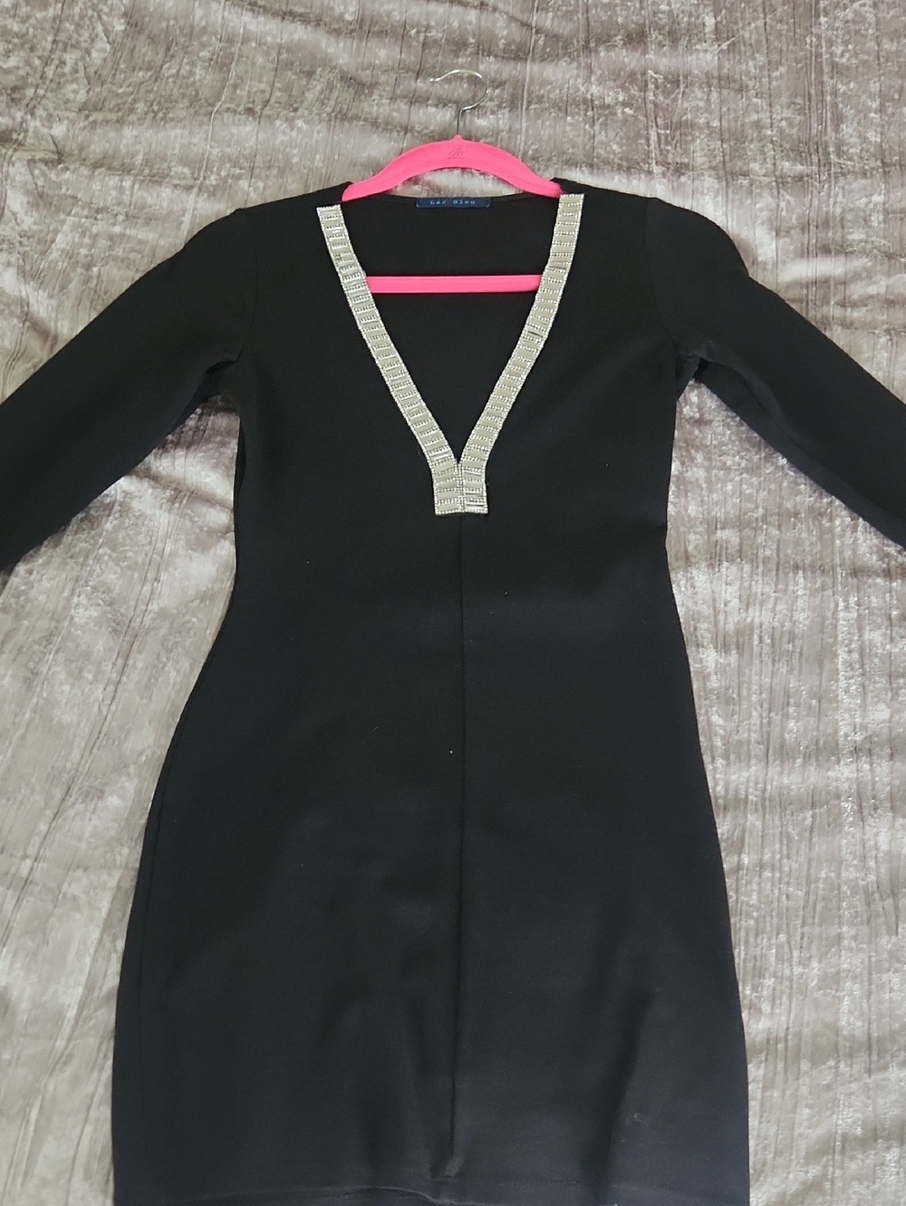 Black Long-Sleeve V-Neck Dress with Silver Embellished Trim